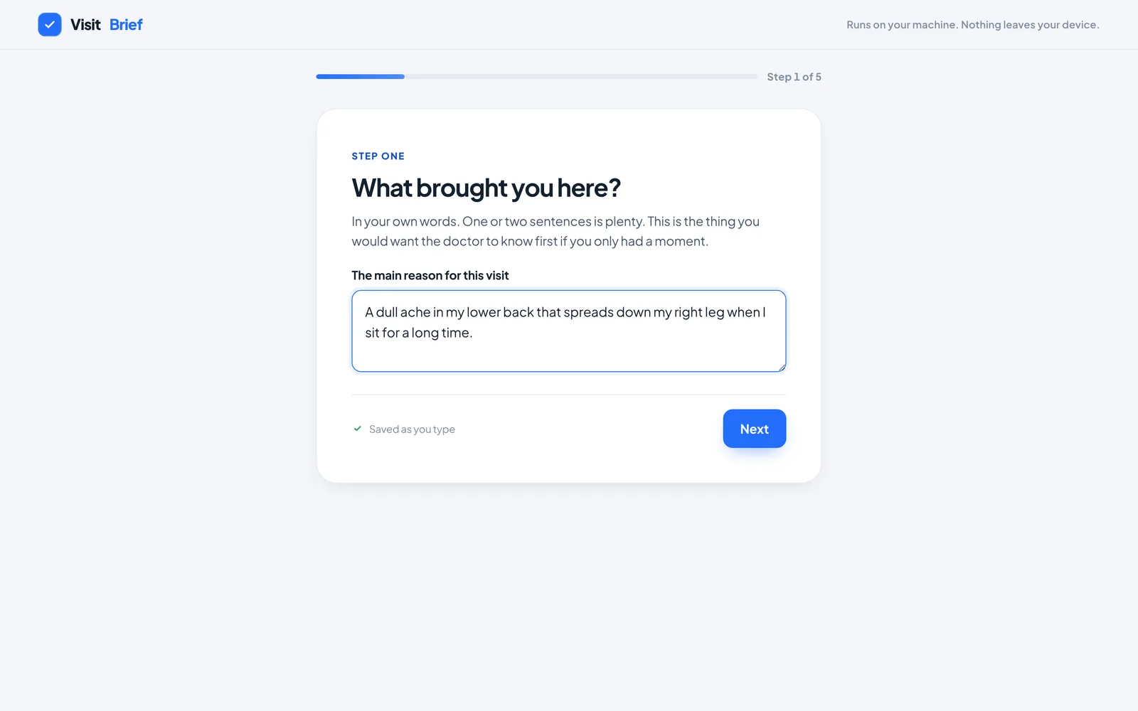 Step one asking what brought you here, with a saved as you type indicator and a progress rail reading step 1 of 5