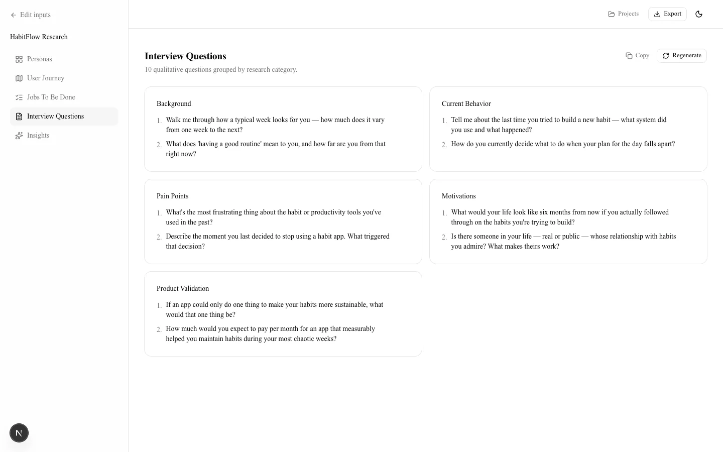 Interview questions grouped into Background, Current Behavior, Pain Points, Motivations, and Product Validation categories