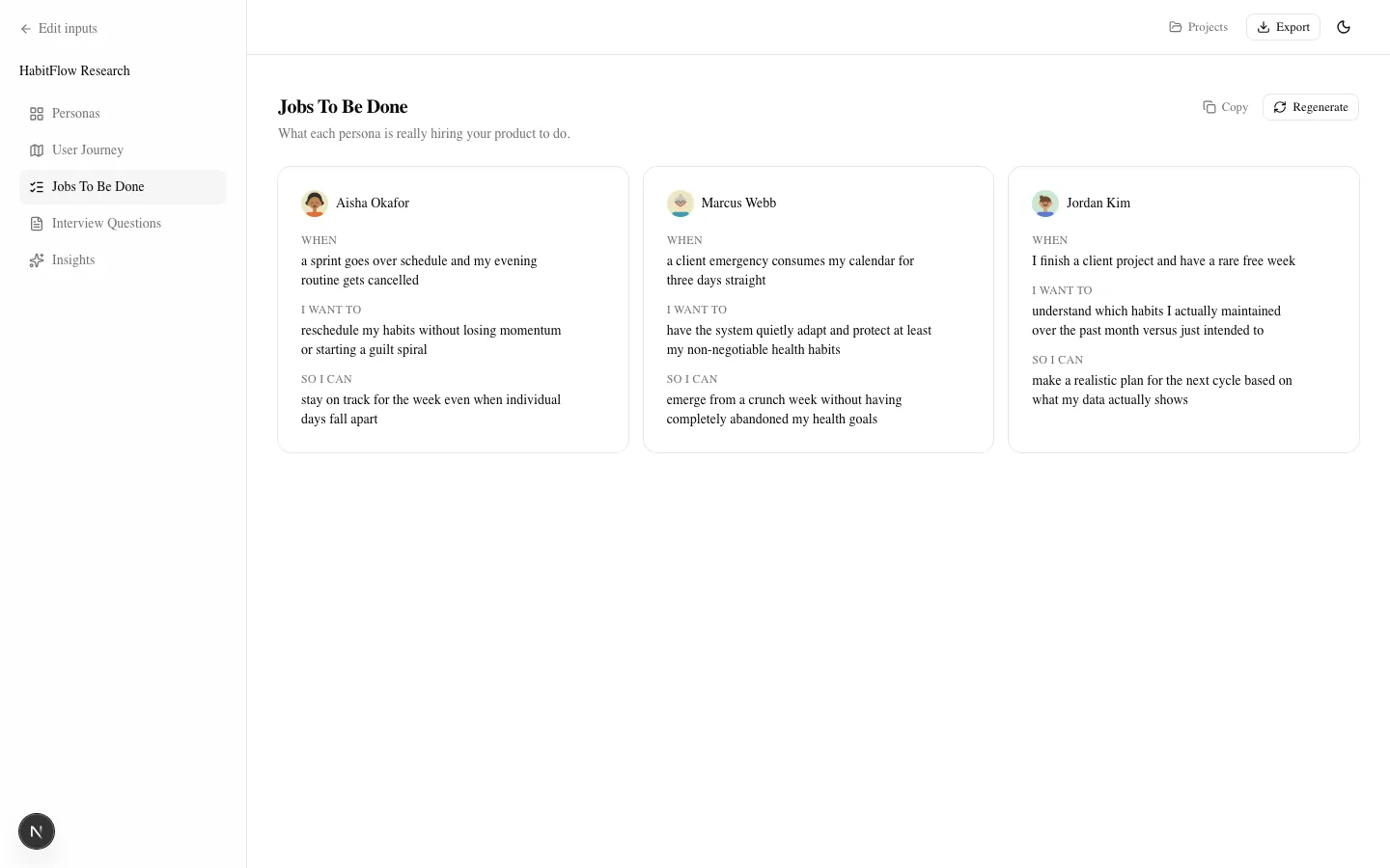 Jobs To Be Done cards for each persona structured as When, I Want To, So I Can statements