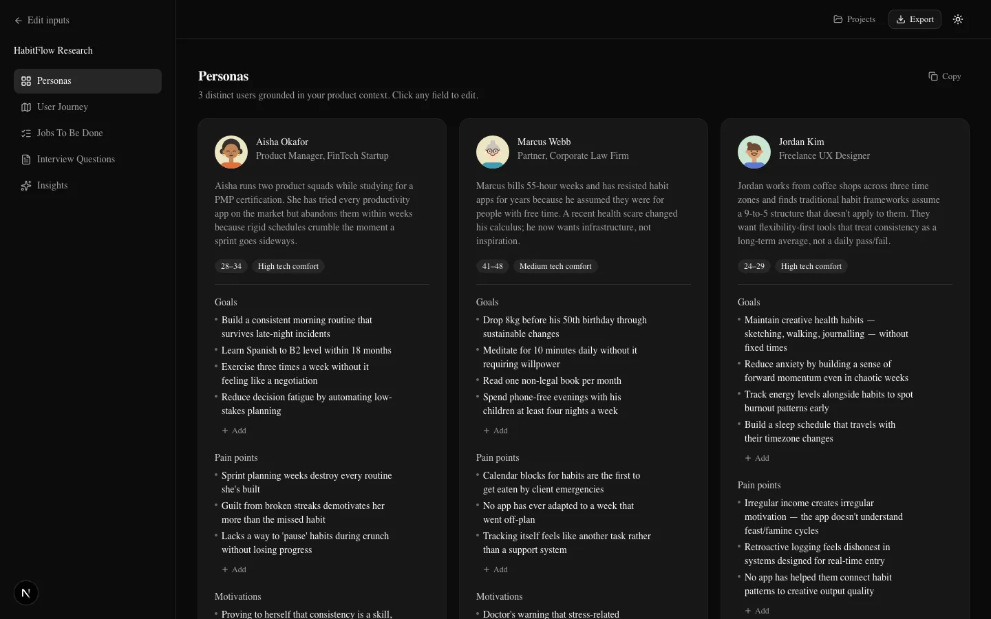 The persona workspace rendered in dark mode