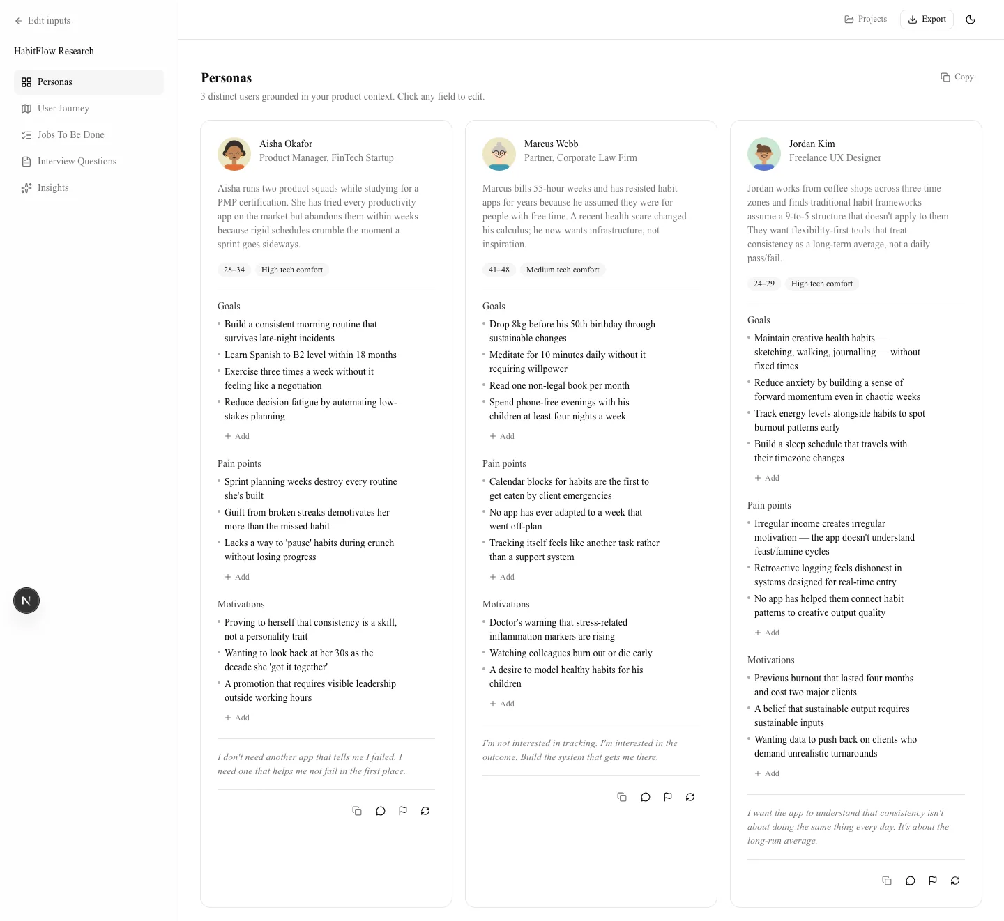 Three persona cards: Aisha Okafor a fintech product manager, Marcus Webb a corporate law partner, and Jordan Kim a freelance UX designer, each with goals, pain points, motivations, and a quote