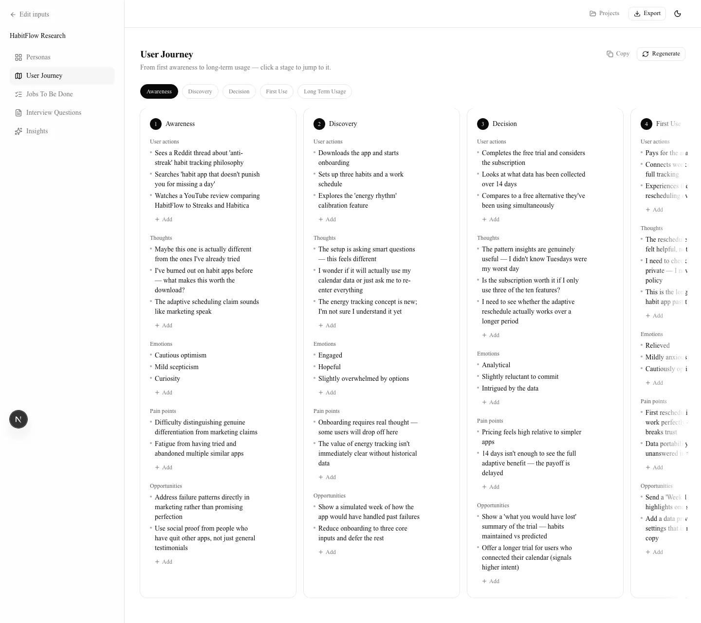 User journey board with columns for Awareness, Discovery, Decision, and First Use, each listing user actions, thoughts, emotions, pain points, and opportunities