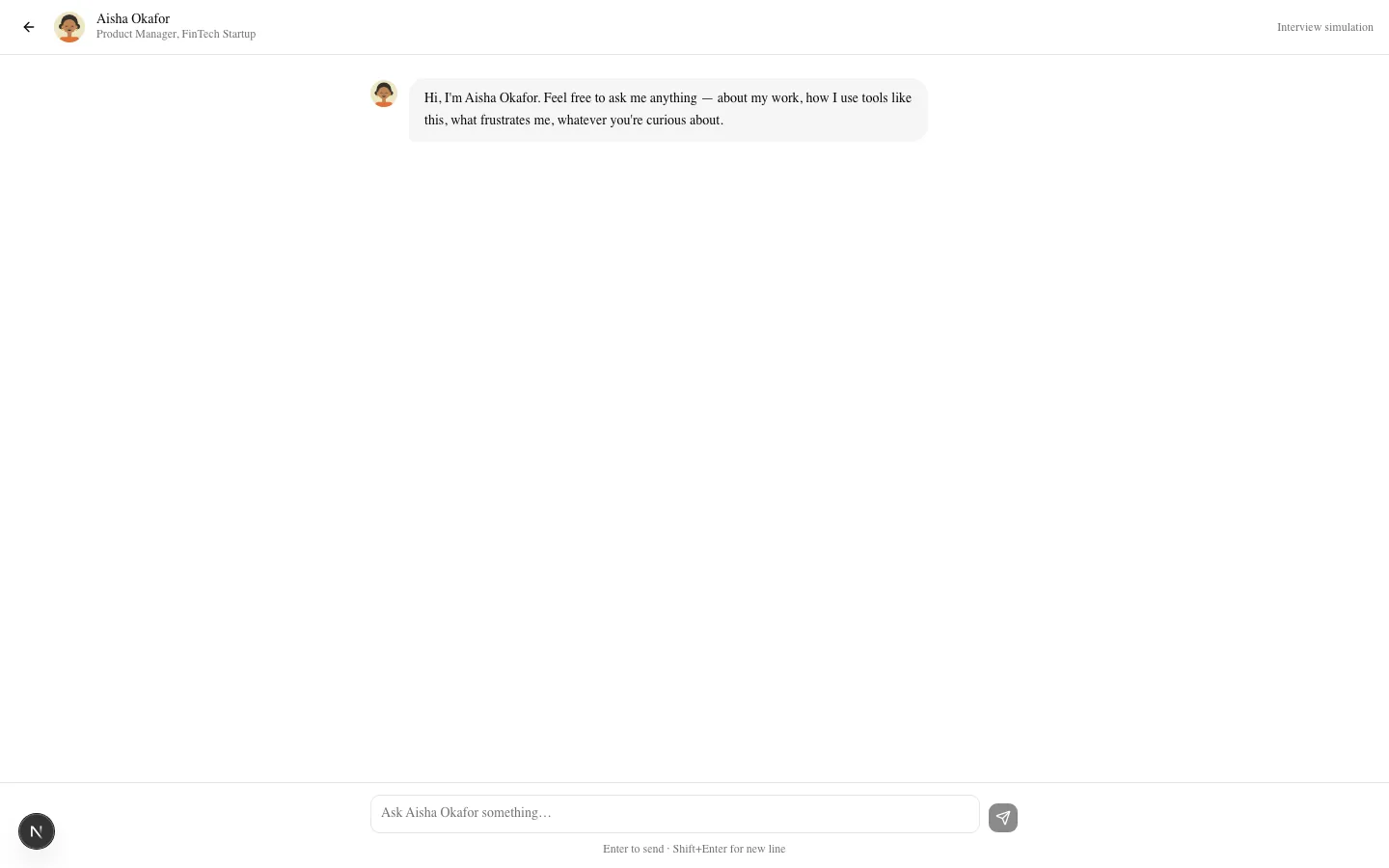 Interview simulation chat with persona Aisha Okafor, who introduces herself and invites questions about her work and frustrations