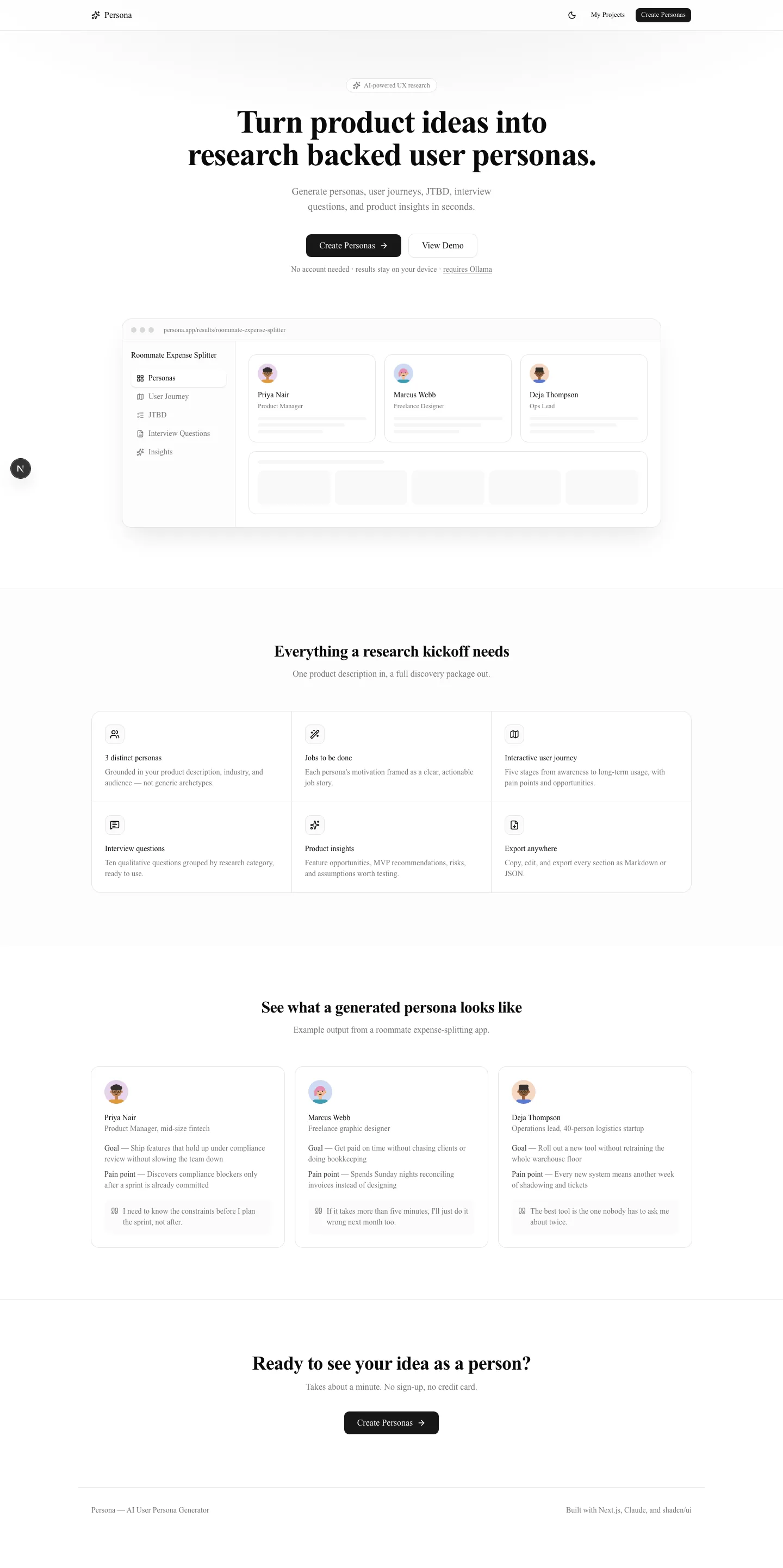 Persona landing page showing the full feature grid and an example generated persona set
