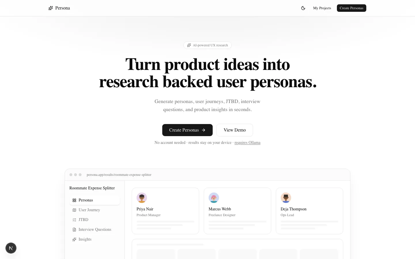 Persona landing page: Turn product ideas into research backed user personas