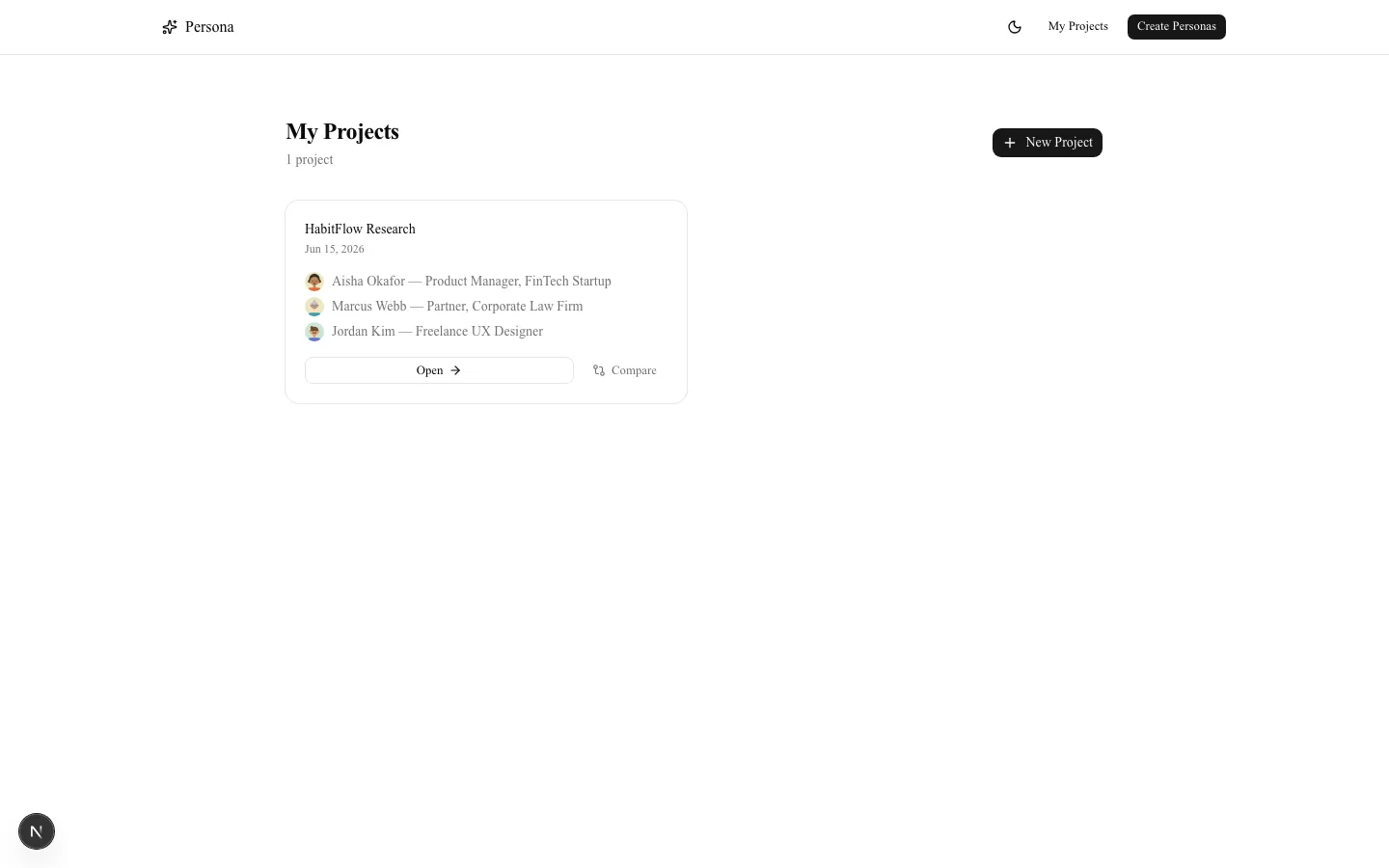 My Projects page listing a saved research project with its three personas and Open and Compare actions
