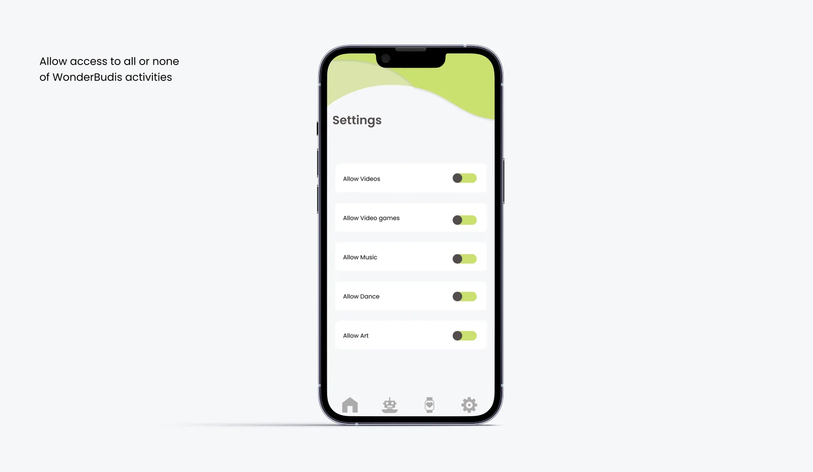 Parent app Settings: parents can allow or deny access to each WonderBudi activity type including videos, video games, music, dance, and art using toggle switches