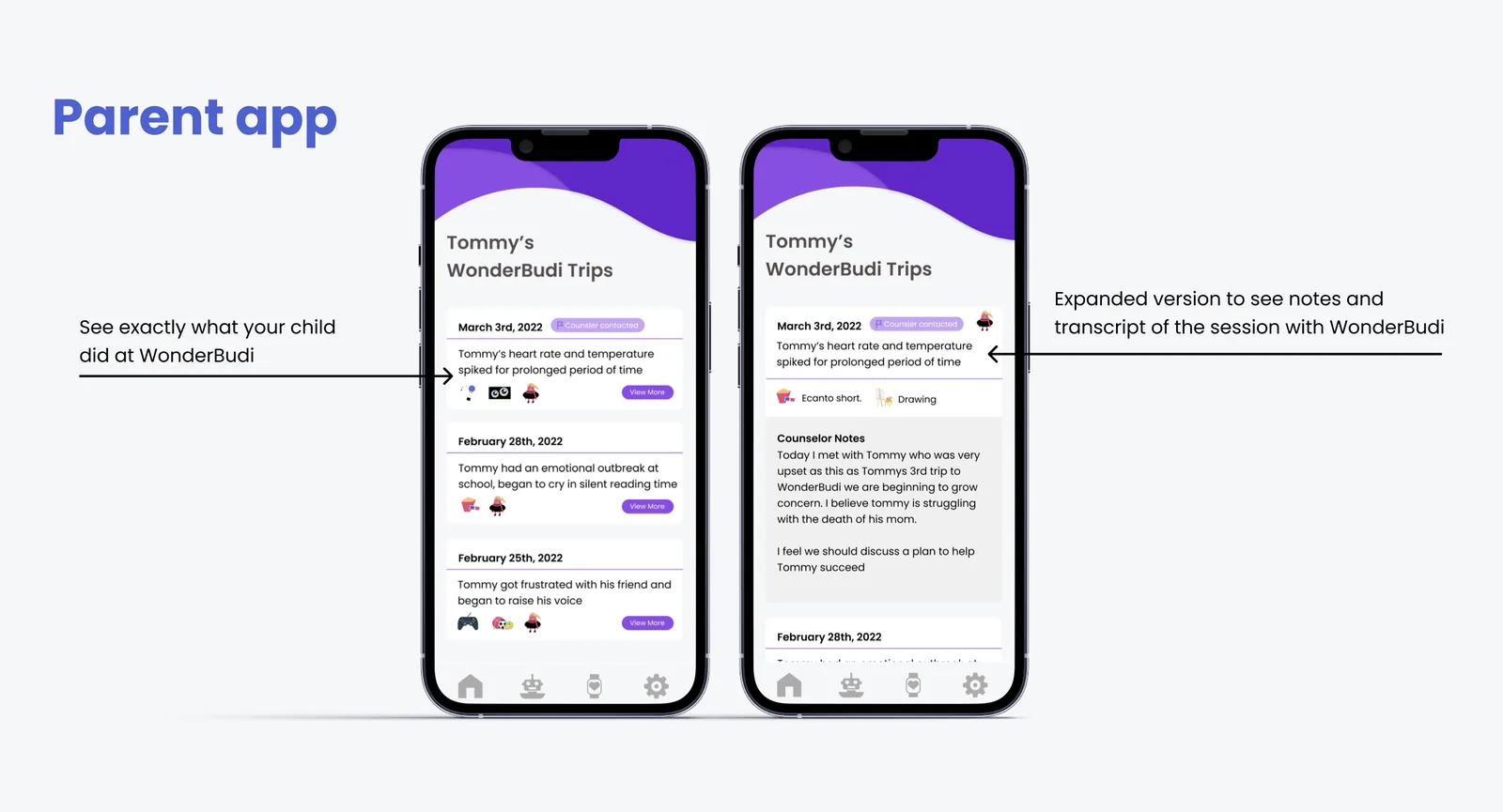 Parent app WonderBudi Trips: shows session history with dates, short descriptions, and an expanded view that includes the full session transcript and counselor notes about Tommy's grief