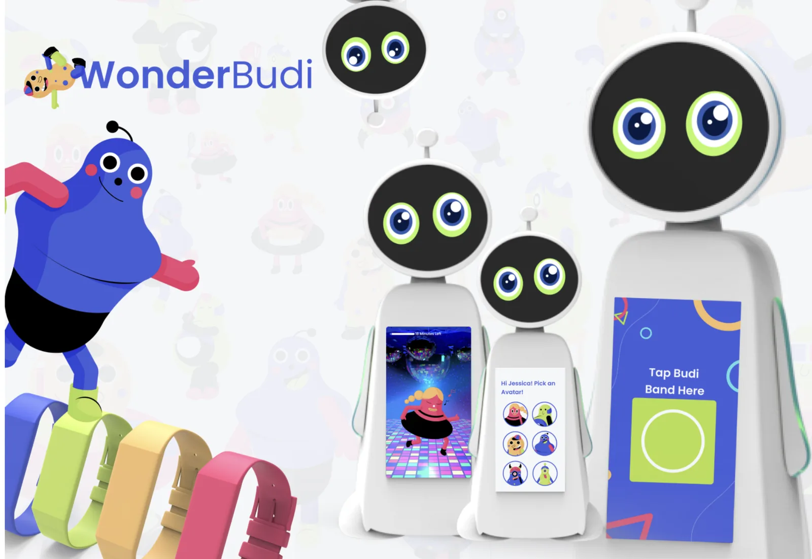 WonderBudi robots with Budibands in four colors, a dance activity playing on one embedded screen, an avatar picker on another, and the Tap Budi Band Here onboarding screen on the right