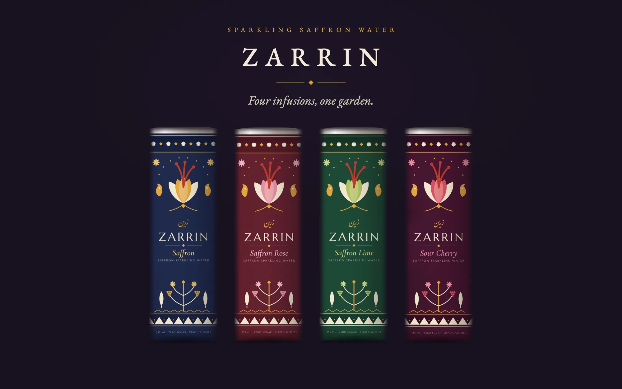 The Zarrin family lineup: four ornamented cans in navy, burgundy, emerald, and garnet beneath the wordmark and the line four infusions, one garden
